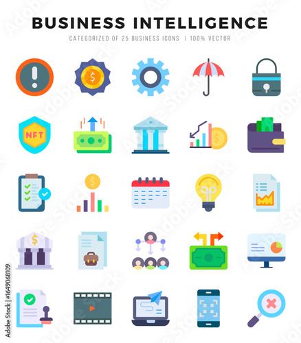 Set of 25 Business Intelligence Flat Icons Pack.