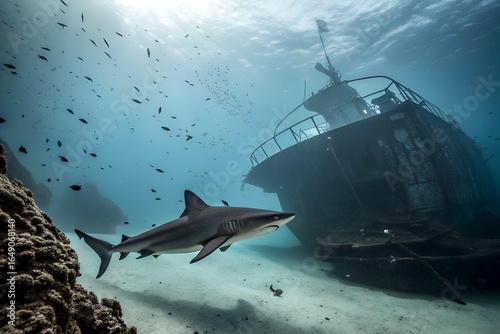 Wallpaper Mural Shark swimming near a shipwreck on the ocean floor in clear blue water Torontodigital.ca