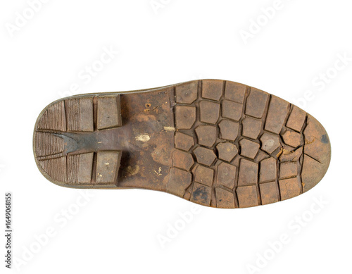 A torn and weathered shoe sole, isolated on a white background, highlighting the issue of waste and the longevity of materials.