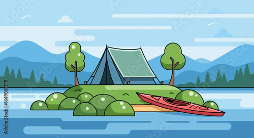 Scenic Camping Adventure At Tranquil Island Lake Setting For Outdoor Enthusiasm