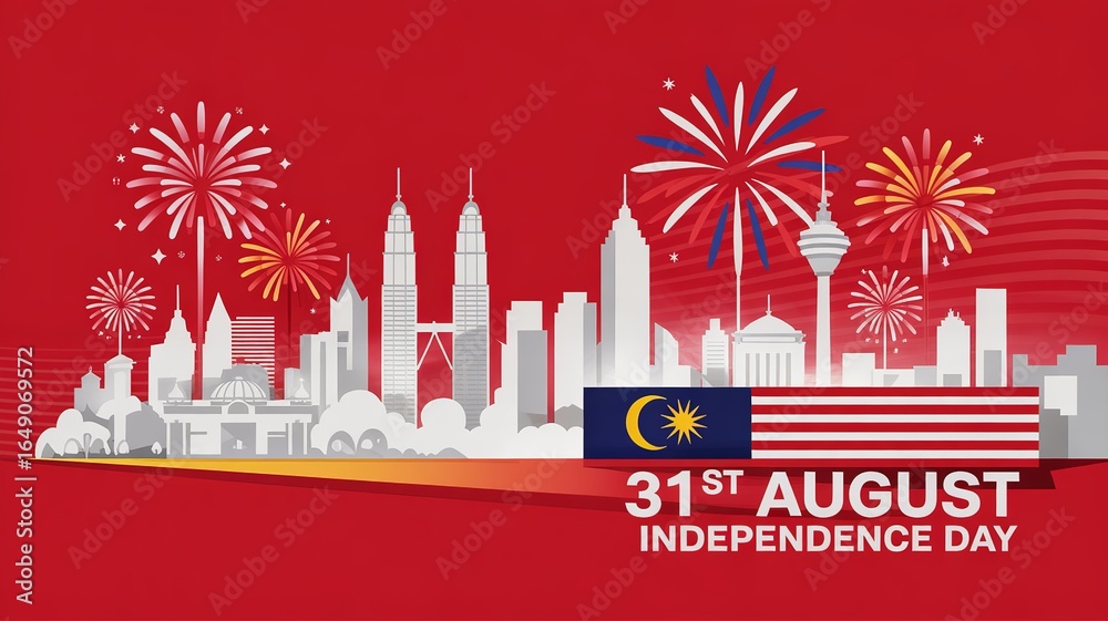 Naklejka premium Malaysia Independence Day Celebration with Fireworks and City Skyline on 31st August