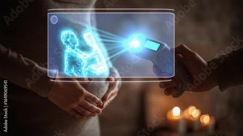 Hands Holding Phone with Glowing Digital Interface