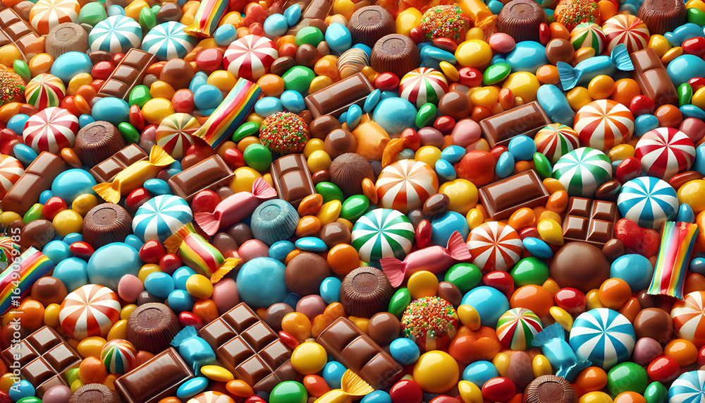 Fototapeta premium Seamless Rainbow Candy-Coated Chocolates Background, Glossy Texture