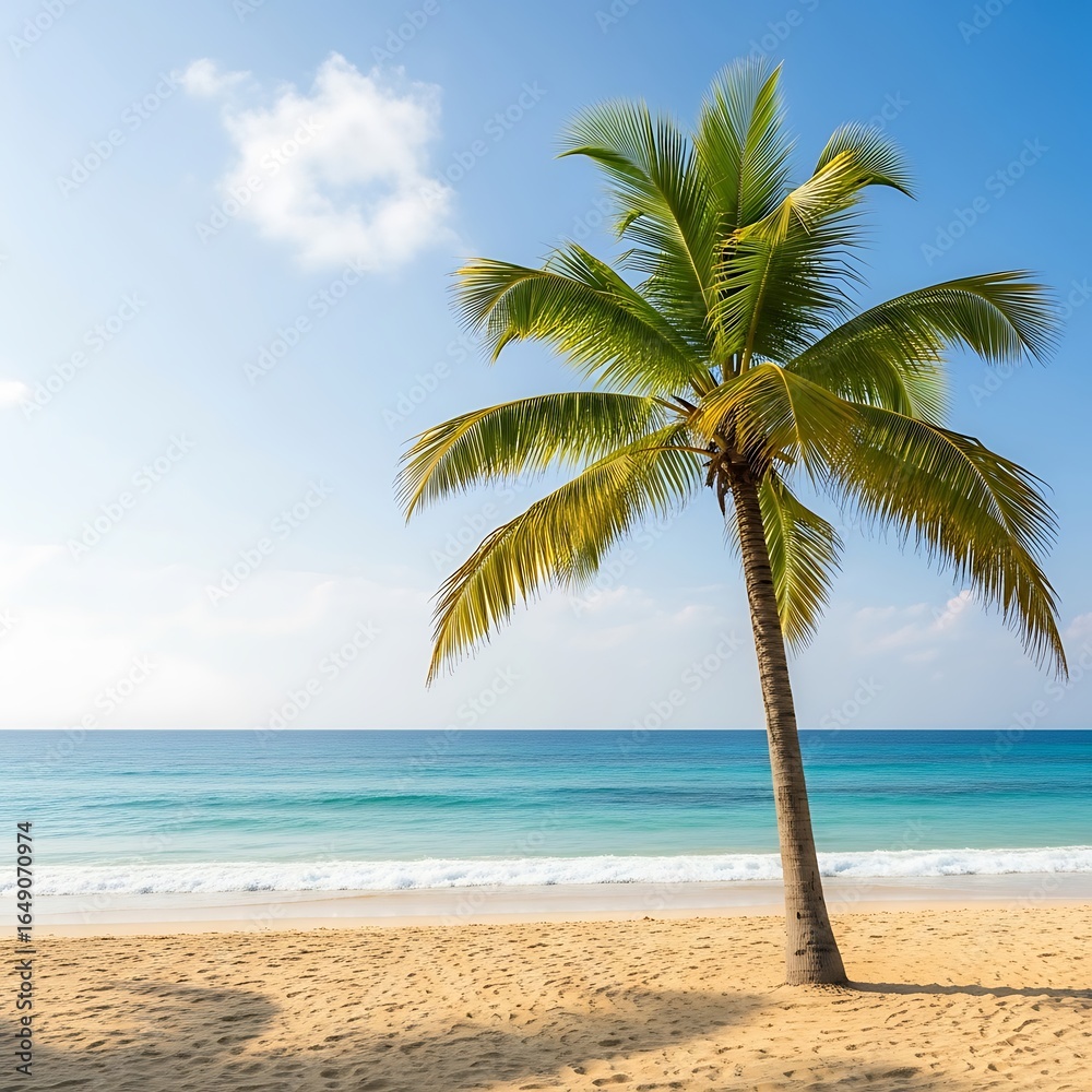 Fototapeta premium Tropical Beach Scene with Palm Tree and Turquoise Water