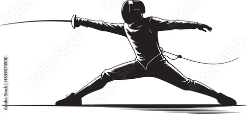 Fencer lunges with sword in dynamic competitive action pose