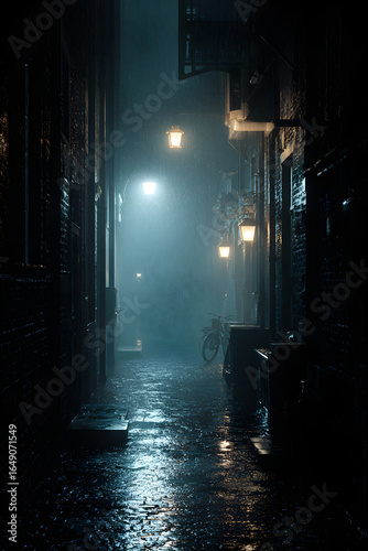 Midnight Shadows: The Haunting Mystique of a Rain-Drenched Urban Passageway Under Shimmering Streetlights