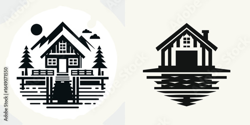 Boathouse. Retro Vintage Line Art Clipart Silhouette Vector Illustration. .