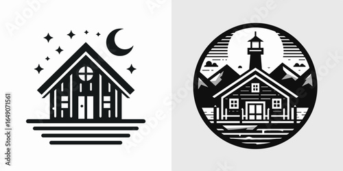Boathouse. Retro Vintage Line Art Clipart Silhouette Vector Illustration. Watercraft shelter a lakeside dockyard for vessel storage and marina fun.