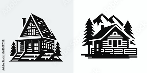 Chalet. Retro Vintage Line Art Clipart Silhouette Vector Illustration. Mountain cabin vacation lodging a winter home getaway abode for rental.