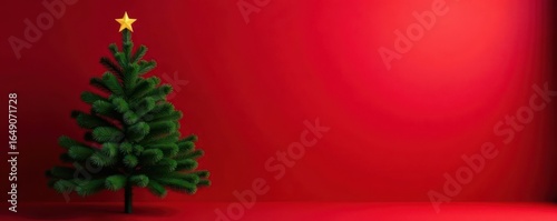 Classic green Christmas tree against vibrant red background, bright, texture
