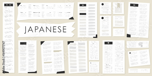 Japanese language learning concept with newspaper clippings and banner illustration