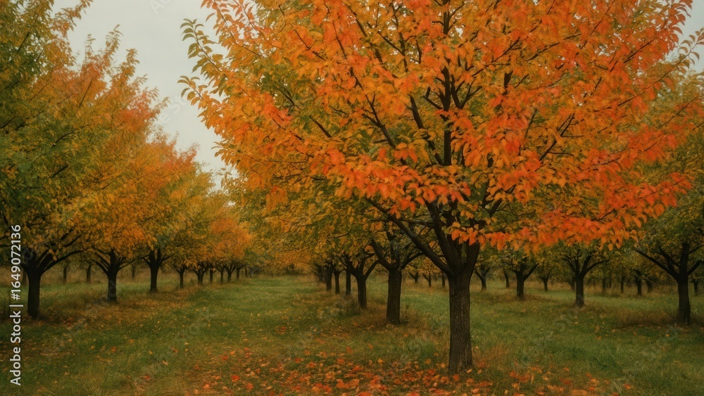 Naklejka premium Vibrant autumn orchard landscape.