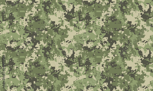 Abstract digital camouflage pattern. Seamless texture in shades of green and beige, ideal for military, fashion, or gaming designs.