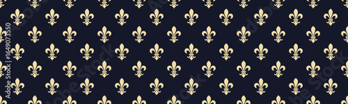 Elegant gold fleurdelis pattern on a dark navy background.  Perfect for luxury branding, invitations, website design, or textile prints.