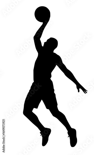 Basketball player dunking silhouette in mid-air action, vector SVG illustration