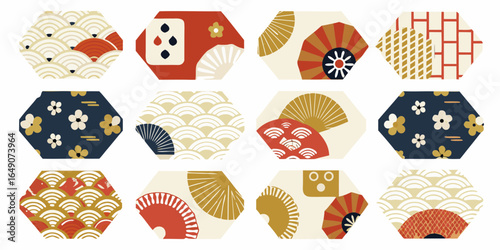 Japanese Inspired Hexagon Pattern with Fans Waves and Floral Elements