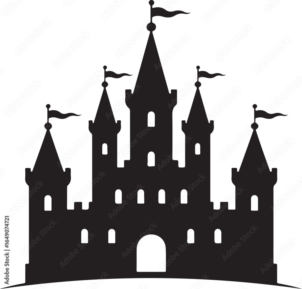 Obraz premium Majestic castle silhouette with flags atop towers