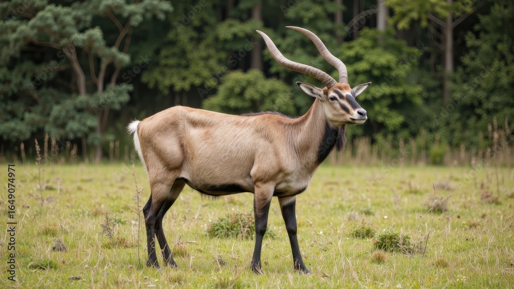 Fototapeta premium Majestic Sable Antelope in Serene Grassland, Profile View, Natural Light