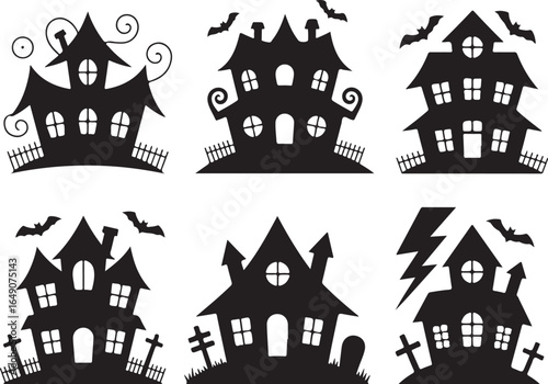 Spooky haunted houses with bats and gravestones