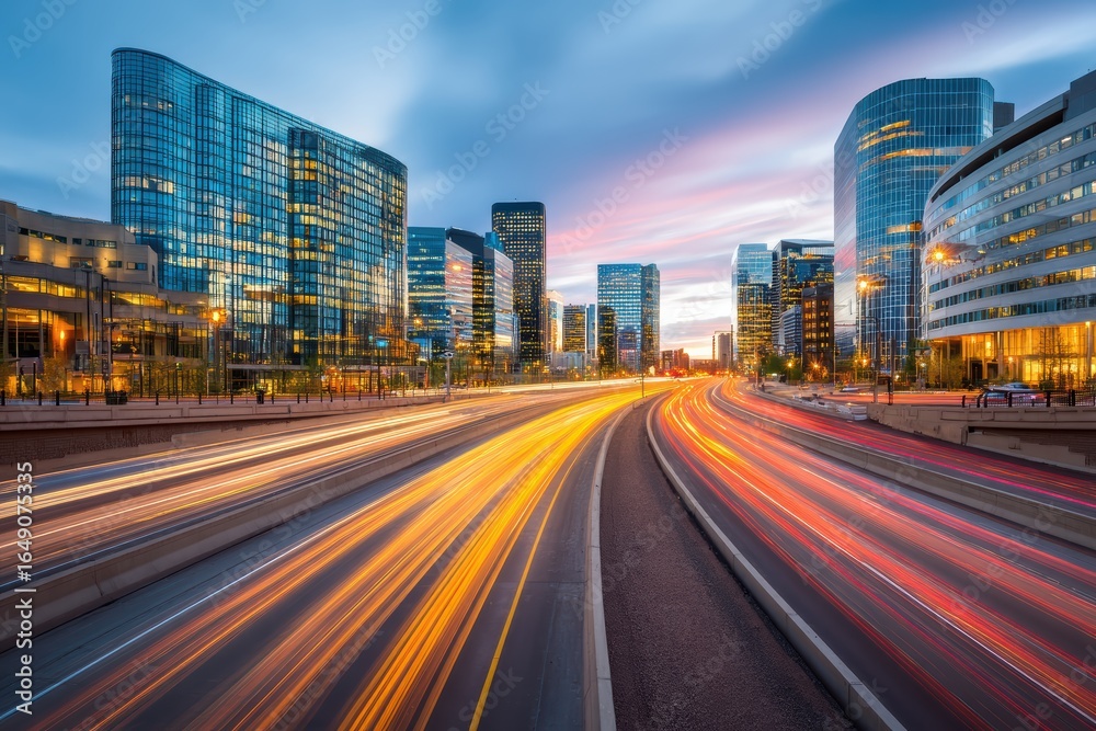 Fototapeta premium Modern city skyline with glass skyscrapers and light trails from fast-moving traffic at dusk, capturing urban energy and motion