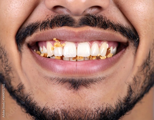 Close-up of a man's mouth with food particles on teeth