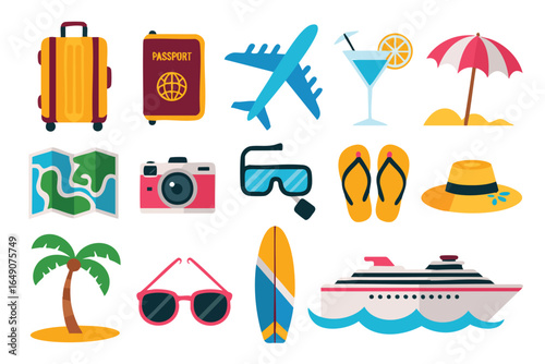 Travel icons: suitcase, passport, plane, cocktail, beach, map, camera, goggles, flipflops, hat, palm, sunglasses, surfboard, cruise ship.