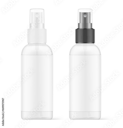 Realistic spray plastic bottle mockup.  Vector illustration isolated on white background. Сan be used for cosmetic, medical, sanitary and other needs. EPS10.