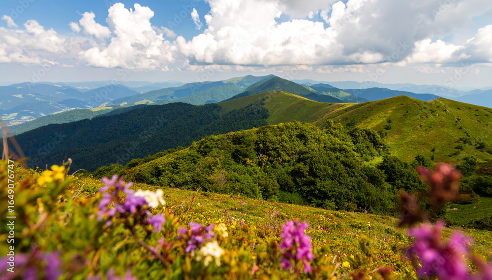 Fototapeta premium A breathtaking mountain landscape with rolling green hills, wildflower-filled meadows in the foreground, and a brilliant blue sky dotted with fluffy white clouds