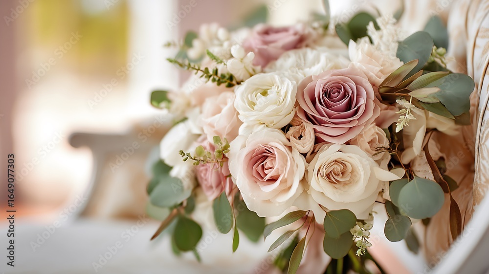 Obraz premium Exquisite bridal bouquet with soft pink, ivory roses, and greenery beautifully arranged on a chair