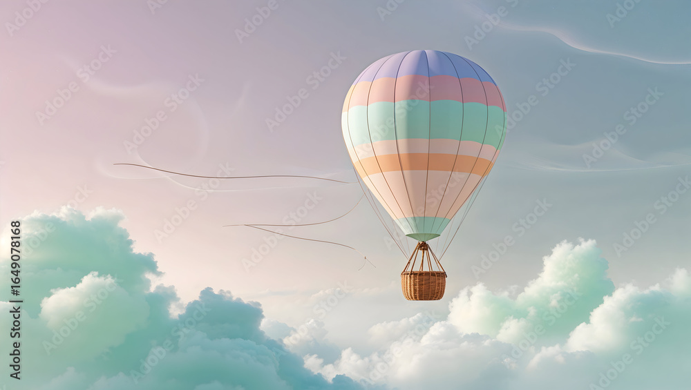 Naklejka premium A pastel hot air balloon gracefully floats amidst fluffy clouds in a serene sky, evoking dreams of adventure