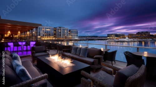 Evening gathering with fire pit waterfront lounge modern architecture serene atmosphere outdoor view relaxation concept