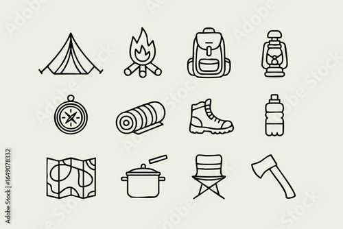 Line art icons representing various camping and outdoor adventure equipment on a light background.