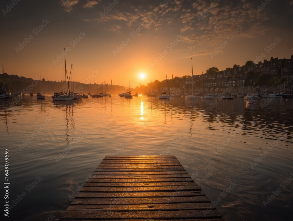 Fototapeta premium A peaceful sunset over a marina, with sailboats anchored and a wooden dock leading out onto calm, reflective water