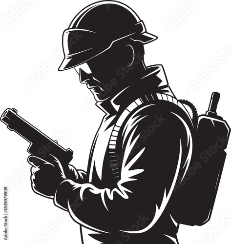 Soldier holding weapon with backpack helmet