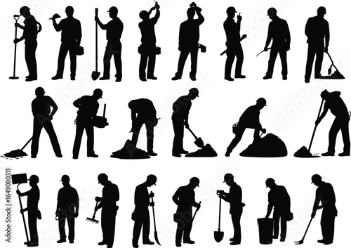 Silhouettes of construction and maintenance workers, manual labor poses, industrial tools, digging, sweeping, hammering, vector illustration for workforce and job conceptsSilhouettes 