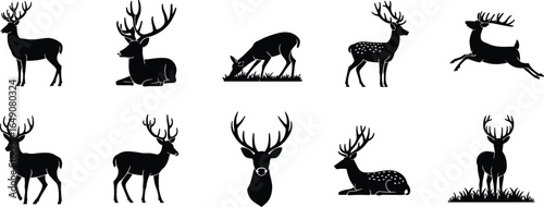 Black deer silhouettes in various poses, antlered wildlife vector set, standing, grazing, leaping, lying down, forest animal illustration, nature design elementsBlack deer silhouettes 