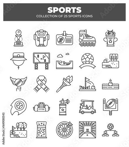 Collection of 25 Sports Icons. Sport Equipment. Game. and Award Pictograms
