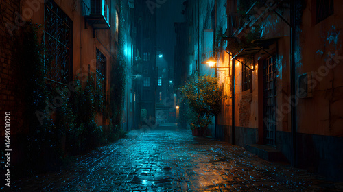 Midnight Shadows: The Haunting Mystique of a Rain-Drenched Urban Passageway Under Shimmering Streetlights
