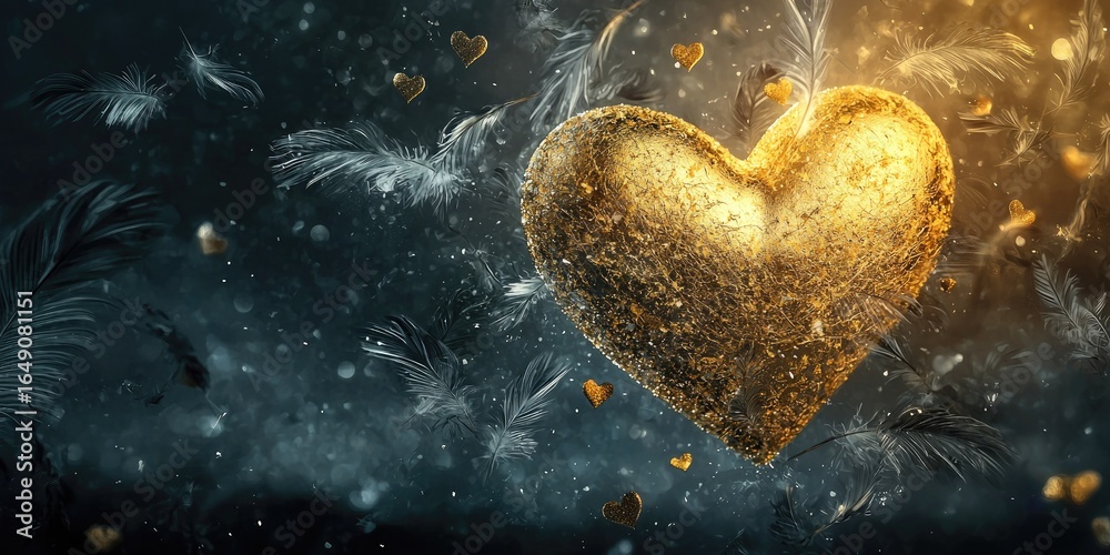 Fototapeta premium Radiant gold heart framed by flying feather hearts, silver mist adds magic to dark backdrop Stock photo