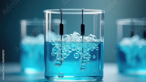 A scene of electrolysis with bubbles forming on two submerged electrodes