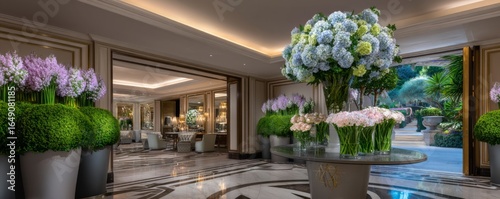 Elegant floral arrangement in hotel lobby luxurious interior interior design calm atmosphere wide angle serenity and beauty
