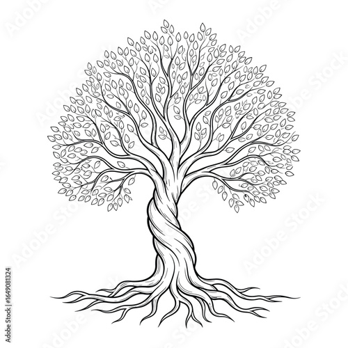 Elegant Tree of Life Drawing with Intricate Roots and Leaf Detail Artistic Botanical Illustration for Coloring Pages and Symbolic Representations