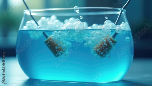 A scene of electrolysis with bubbles forming on two submerged electrodes