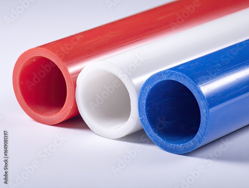 Three cylindrical plastic pipes in red, white, and blue colors
