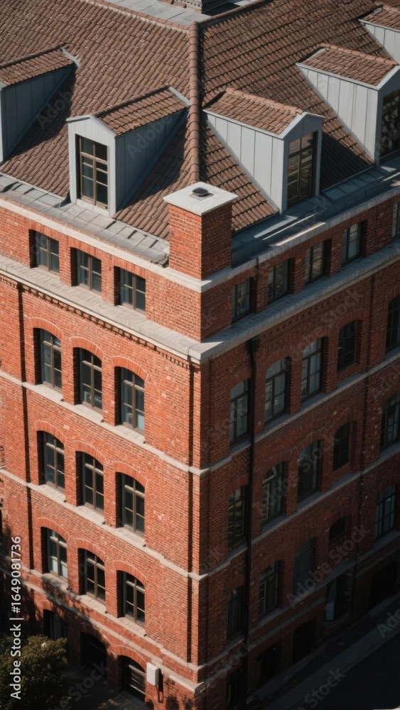 Fototapeta premium Historic Red Brick Building with Multiple Windows and Dormers