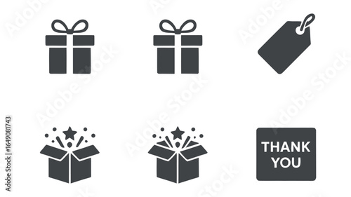 Grey gift box icons with ribbon thank you tag and open package star symbol collection
