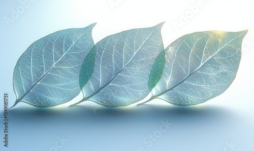 Three translucent, pale-blue leaves, close-up with prominent vein details, against a light gradient background. Gentle lighting highlights the delicate texture and thinness of the organic matter