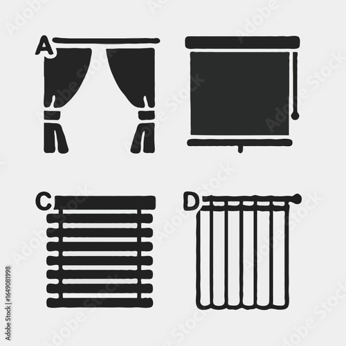 Window Coverings Icons: Curtains, Blinds, and Shades Vector Illustrations for Home Decor and Interior Design