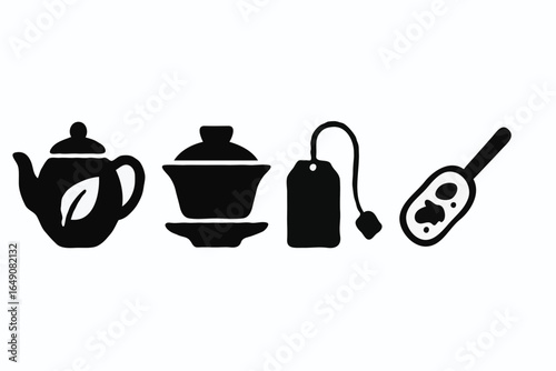Tea Ceremony Essentials: Teapot, Gaiwan, Tea Bag, and Tea Scoop Vector Icons for Tea Lovers and Cafes