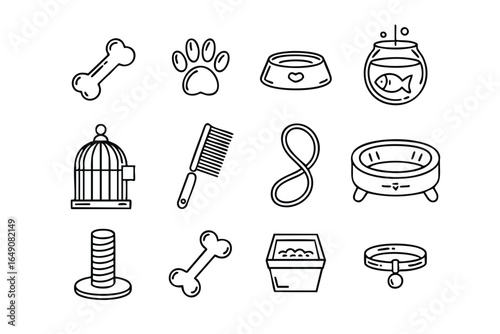 Collection of black and white line art icons representing various pet supplies and animal care items.